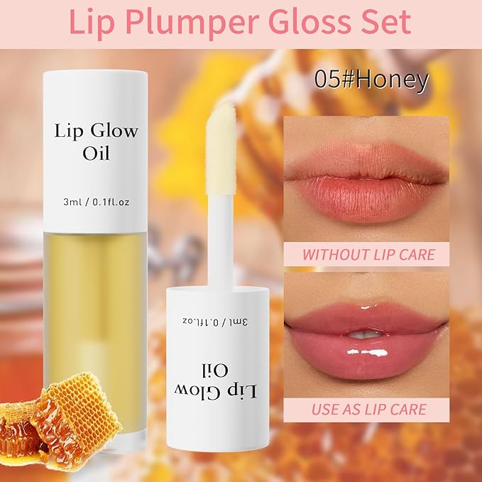 Hellokiss 3Pcs Lip Glow Oil,Moisturizing Lip Plumper Gloss,3 Fruit Flavoured Lip Balm Lip Care,Clear Plumping Lip Gloss,Non-Sticky Long Lasting Hydrating Lip Oil(Honey,Green Apple,Coconut)