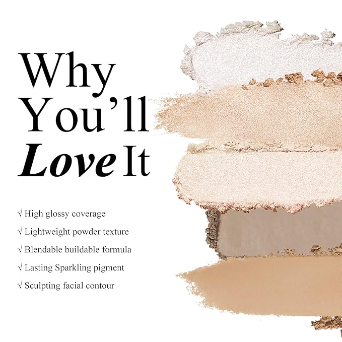 KYDA Face Highlighter Palette, High Glossy Face Illuminator Palette, Natural Glow Finish, Pearl Shimmer Smooth Baked Powder, Lasting Sparkling Highlighter Makeup-DAWN GLOW