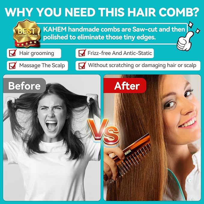 KAHEM Large Wide Tooth Detangler Comb for Women, Men, and Kids - Handmade for Curly, Long, and Short Hair - Professional Wet and Dry Hair Cutting Comb - 6.29 Inch