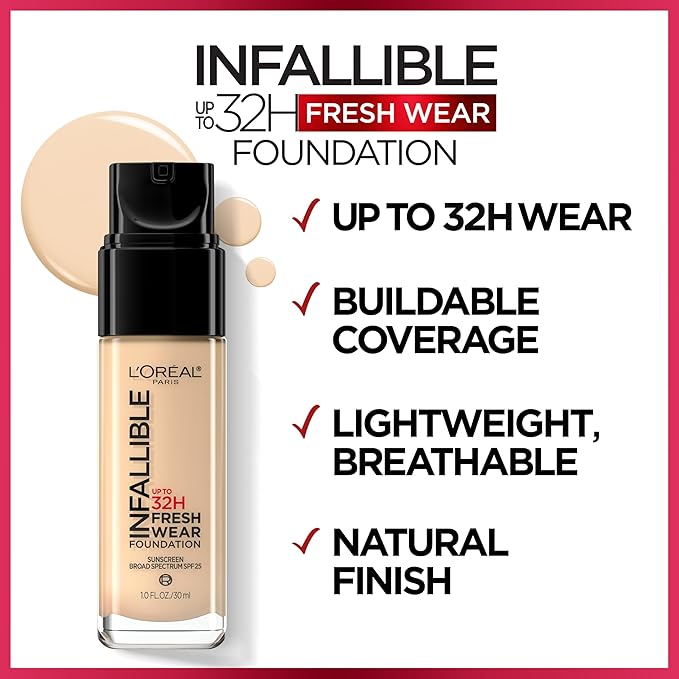 L'Oreal Paris Makeup Infallible Up to 32 Hour Fresh Wear Lightweight Foundation, 495 Amber, 1 Fl Oz, Packaging May Vary