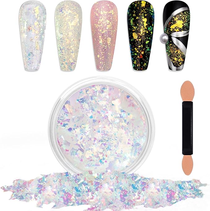 Laza Blue Green Chameleon Flakes Nail Glitter Irregular Opal Nail Foil Flakes Chunky Confetti Color-Shift Sequins Iridescent Fairy Dust for Mermaid Nails Design, Nail Decorations for Nail Art