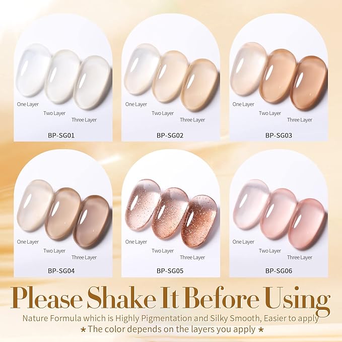 Born Pretty Jelly Gel Nail Polish Nude Set Crystal Transparent Translucent Sheer Clear 6 Colors Gift Collection Manicure Kit