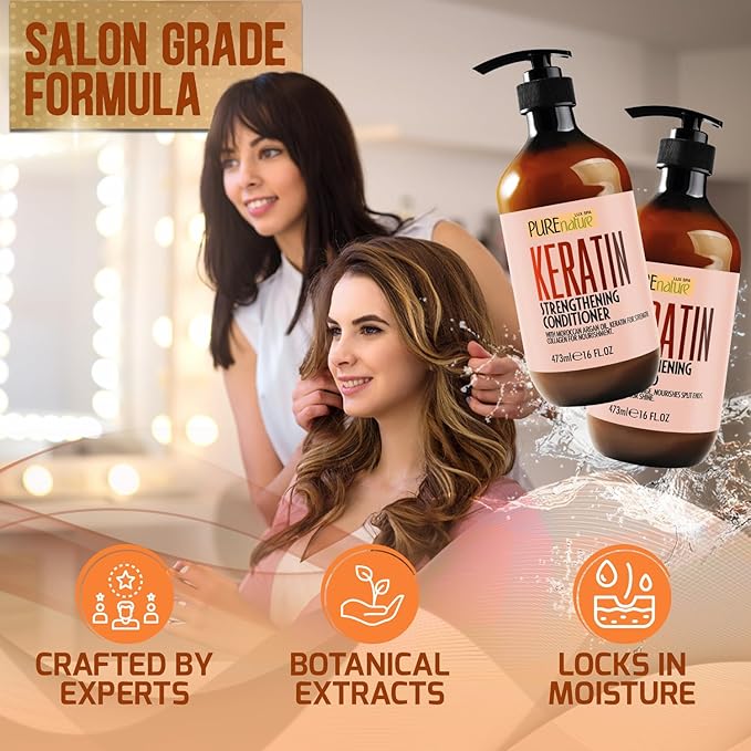 Keratin Shampoo and Conditioner Set - Sulfate and Paraben Free Treatment for Dry Hair - Anti Frizz, Collagen Enriched Formula for Curly or Damaged Hair - Safe for Men and Women with Color Treated Hair
