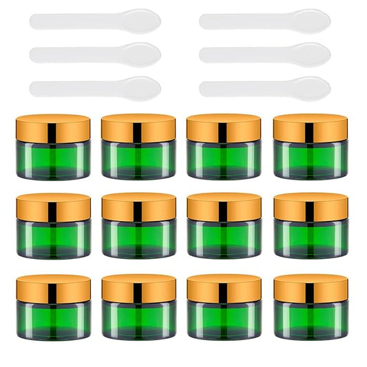 Lil Ray 1 oz Round Green Glass Jar with Inner Liners and Gold Lid (12pcs)