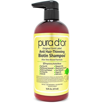 PURA D'OR 16 Oz Original Gold Label Anti-Thinning Biotin Shampoo Natural Earthy Scent, CLINICALLY TESTED Effective Results, Herbal Hair Thickening Products, 3-1 Wash, Women & Men, Color Treated Hair