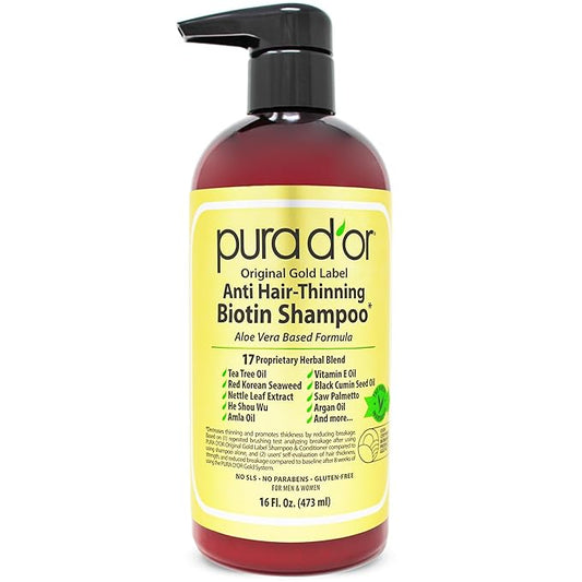 PURA D'OR 16 Oz Original Gold Label Anti-Thinning Biotin Shampoo Natural Earthy Scent, CLINICALLY TESTED Effective Results, Herbal Hair Thickening Products, 3-1 Wash, Women & Men, Color Treated Hair