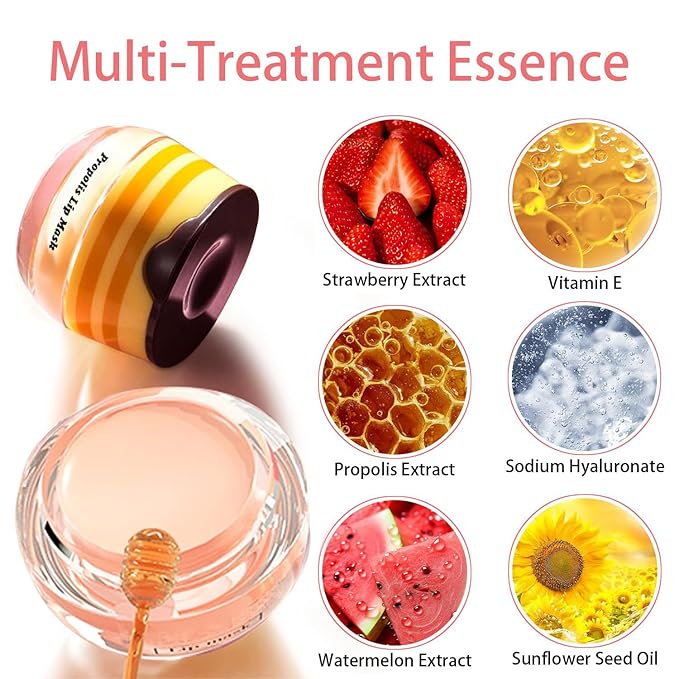 3 Pcs Honey Lip Balm, Bee Lip Balm Honey Pot,Moisturizing Lip Mask Overnight,Hydrate Repair Prevent Dry Cracked Lip Care (Honey+Strawberry+Watermelon)