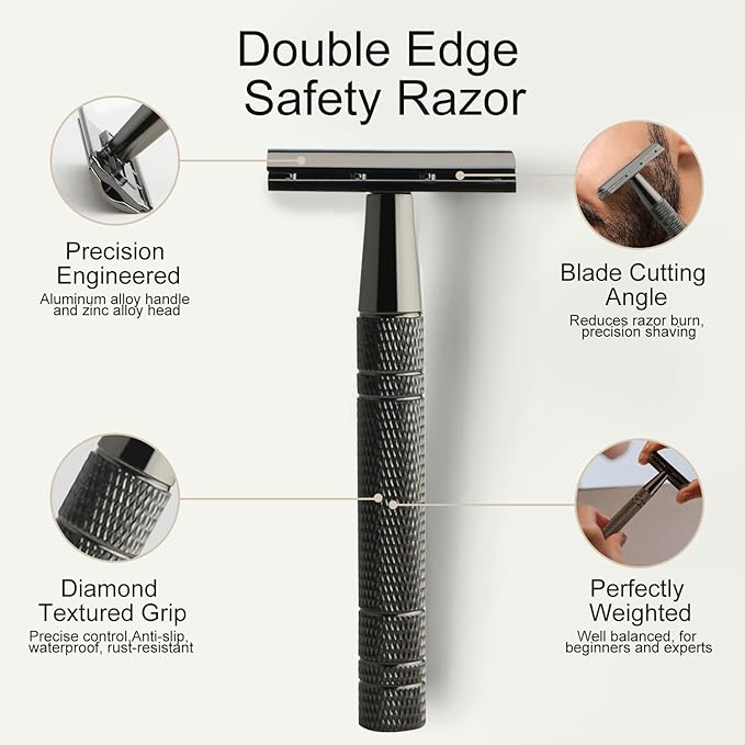 Gun Black Safety Razor, Single Blade Razors for Men & Women, with 10 Stainless Steel Double Edge Blades, Reusable Metal Razor, 1 Blade Razors, Eco-Friendly, Smooth and Close Shave, Plastic Free