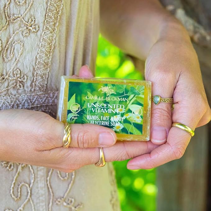 Camille Beckman Essentials Gift Basket, Vitamin E Unscented, Glycerine Hand Therapy 6 oz, Silky Body Cream 13 oz, Hand and Shower Cleansing Gel 13 oz, Glycerine Soap 3.5 oz