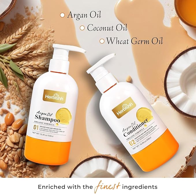 Herbishh Argan Hair Mask (150ml) + Argan Oil Shampoo & Conditioner (16.9 fl.oz Each) Hair Care Set – Deep Cleansing & Hydration, Ideal for Repairing Dry, Frizzy & Colored Hair – Sulfate & Paraben Free