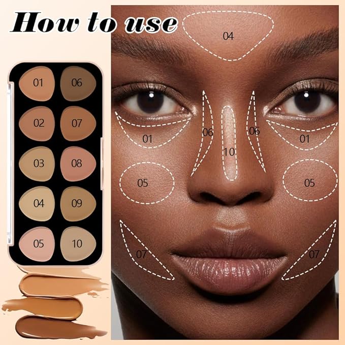 evpct 10 Colors Concealers Full Coverage Cream Contour Palette with Brush for Older Women, Under Eye Color Corrector Tri Color Pot Concealer Palette for Dark Circles Mature Skin Makeup, Waterproof, C2