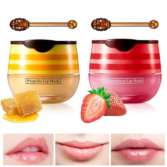 Lip Balm Honey Pot, Honey & Strawberry Lip Mask Propolis Moisturizing Lip Balm with Stick, Hydrating & Prevent Dry and Cracked Lip(2 Pcs)