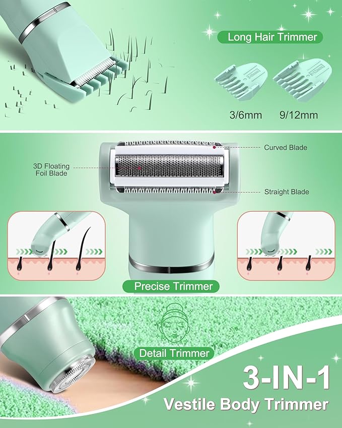 Bikini Trimmer for Women - 3 in 1 IPX7 Waterproof Electric Razors for Women,Body Pubic Hair Electric Shaver for Womens & Facial Hair Remover,Rechargeable Wet/Dry for Body,Underarm,Leg(Mint Green)