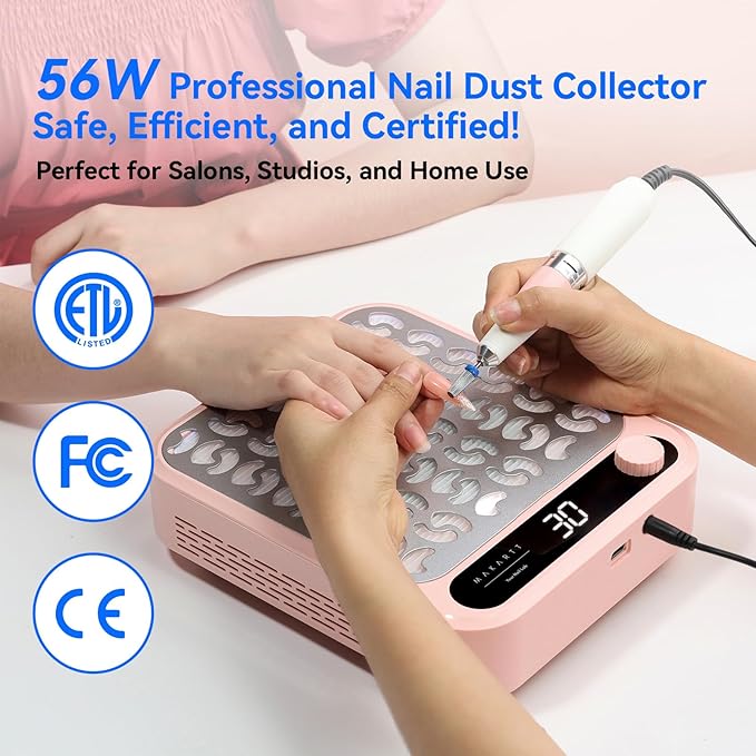 Makartt Nail Dust Collector - Professional Powerful Suction Larina Vacuum Fan Dust Cleaner with LED Display, Adjustable Speed, Reusable Filter for Acrylic Nails Polishing Manicure Salon Home Pink