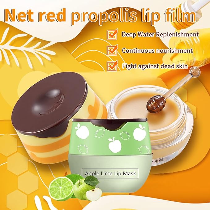 Bee Lip Balm Honey Pot, Strawberry & Honey Moisturizing Propolis Lip Mask, Hydrating & Prevention Dry and Cracked Lip Scrubs Exfoliator, Reduces Lip Lines (Green)