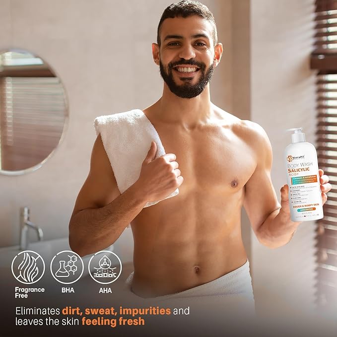 Salicylic Acid Body Wash - Skin Non-drying, Gentle Exfoliates Rough and Bumpy Skin, Body Acne Wash, BHA & AHA - Unscented Exfoliating Body Wash, Made in USA - (16 fl oz x 2)