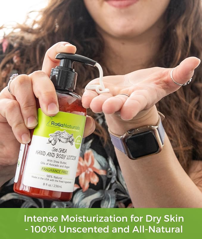 RaGaNaturals Natural Unscented Body Lotion for Dry Skin with Shea Butter and Vitamin E & B5 - Hydrating, Nourishing, Fragrance Free Hand Moisturizer With Organic Essence - For Women, Men, Kids - 8 Oz