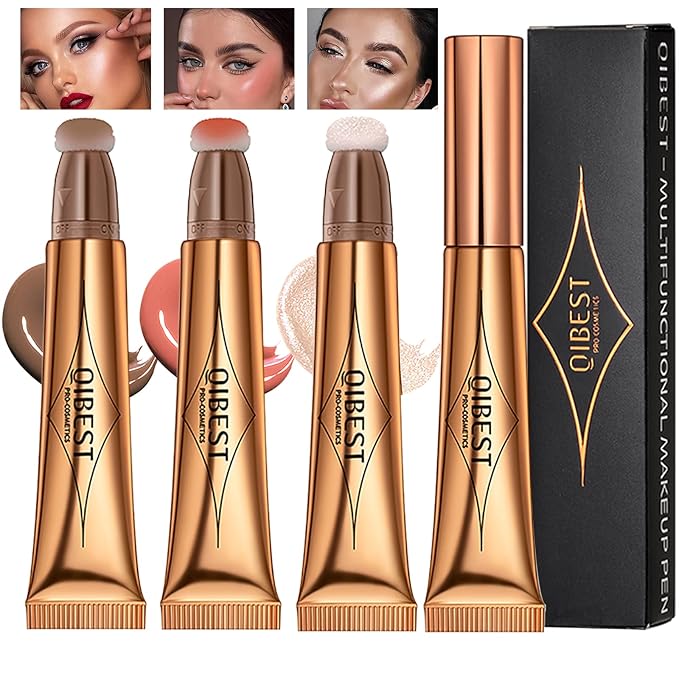 3 Pcs Beauty Wand For Liquid Contour Highlighter and Blush Rouge with Cushion Applicator Attached Easy to Blend, Lightweight Blendable Super Silky Cream Face Illuminator Makeup Stick