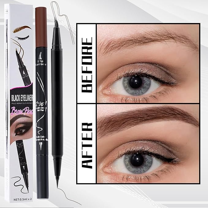 Curved 2 Tip Eyebrow Pen-Brown Eyebrow Pencil With Black Eyeliner 2-in-1 Dual-Ended Create Natural Hair-Like Brows,Waterproof,Smudge Proof,Long Lasting All-Day