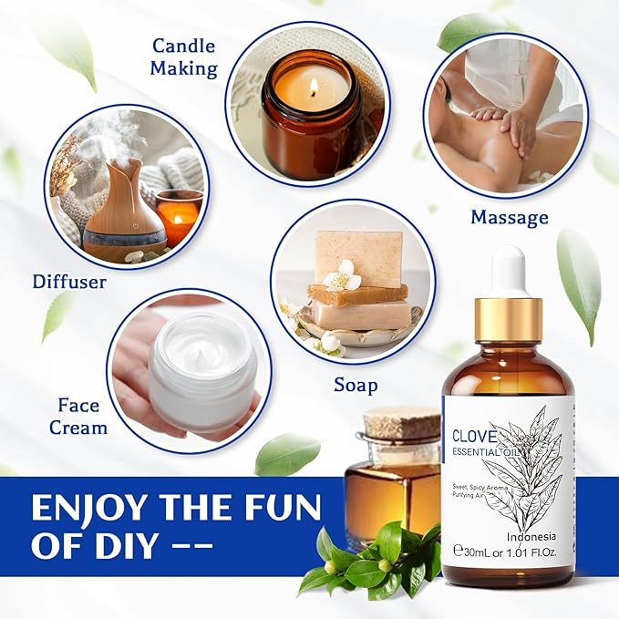 HIQILI 1 Fl Oz Clove Oil for Teeth and Gums, Oral Care, DIY Clean Spray, Aromatherapy, 100% Pure Natural Premium - 30ml