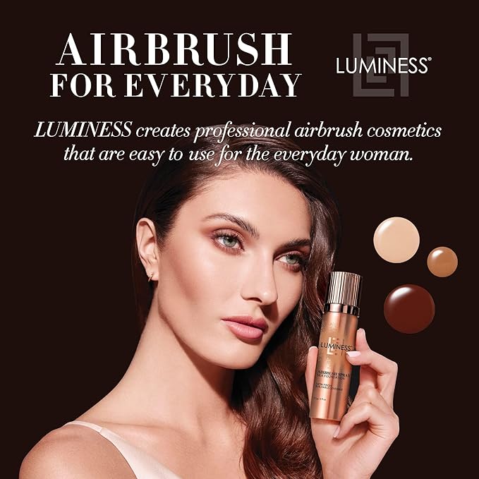 LUMINESS Silk Airbrush Spray Foundation & Buffing Brush Kit – Full Coverage Foundation & Dual-Sided Buffing Brush - Buildable Coverage, Anti-Aging Formula Hydrates & Moisturizes (Shade - Rich Dark)