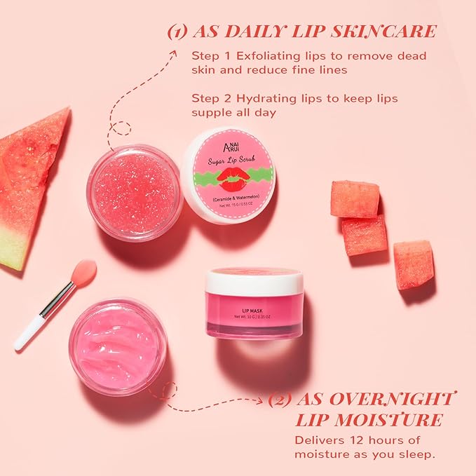 Lip Mask Set, Lip Scrub & Lip Butter, Overnight Lip Treatment Set Enriched With Skin Softening Ceramide & Watermelon and Hydrating Shea Butter, For A Softer & Smoother Pout