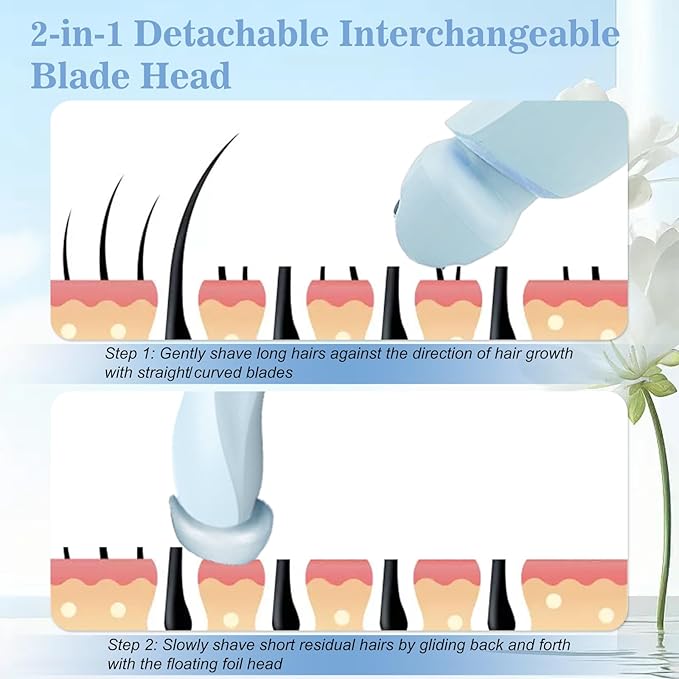 Livora Electric Shaver for Women, 2 in 1 Wet & Dry Bikini Trimmer with 2 Removable Heads, The Glide Pro 3.0 Razor, Painless Hair Removal for Bikini, Legs, Underarms, Body (Blue)