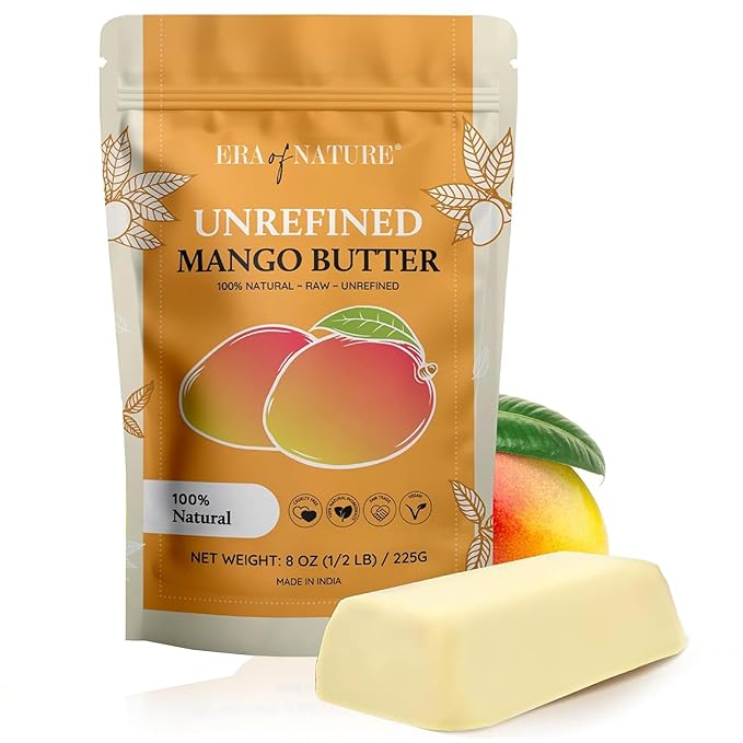era of nature Organic Unrefined Raw Mango Body Butter Block 8oz - Moisturizing Mango Seed Raw Butter Bar for Skin & Hair, DIY Lip Balm Base, Cream, Soap & Lotion Making Supplies Kit, Personal Skincare