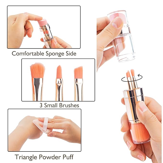 kullder Travel Makeup Brush 5 in 1 Makeup Brush set Blend Sponge Eyebrow Eyeshadow & Blush Brushes for Foundation Concealer Double Ended Makeup Brush with Powder Puff Ideal Womens Gifts