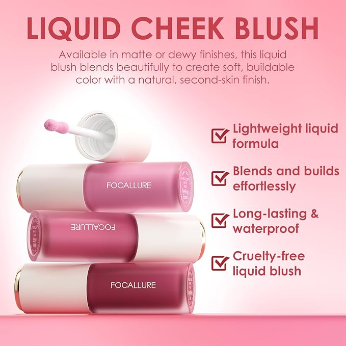 FOCALLURE Silky Cream Liquid Blush,Leaving a Matte Dewy Makeup Look,Easy to Apply and Create a Natural Flush,Long Lasting and Lightweight Cheek Blush Face Makeup,FEELING GOOD