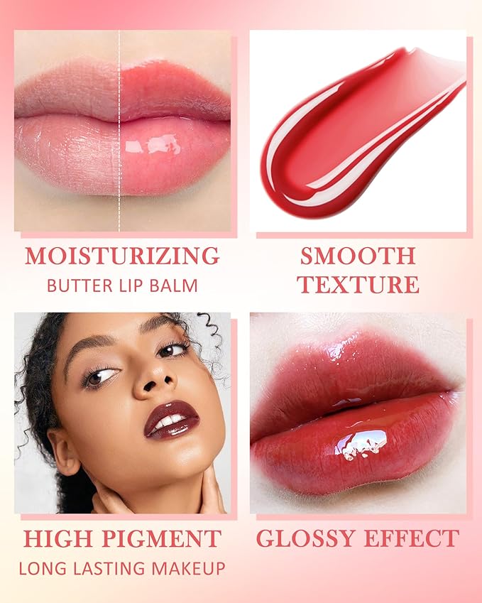 Lip Butter Balm Poppy, Hydrating Tinted Butter Lip Gloss,Clear Lip Mask Lip Care Moisturizer,Smooth Lip Treatment Balm, Non-Sticky Jelly Glow Reviver Fat Lip Oil, Thanksgiving Makeup Gift for Women-04