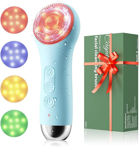 Facial Cleansing Brush: Rechargeable LED Electric Face Cleansing Brush with 4 Gentle Light Liquid Silicone Modes Face Scrubber Exfoliator,IPX7 Waterproof Ideal Gift for Men and Women-Blue