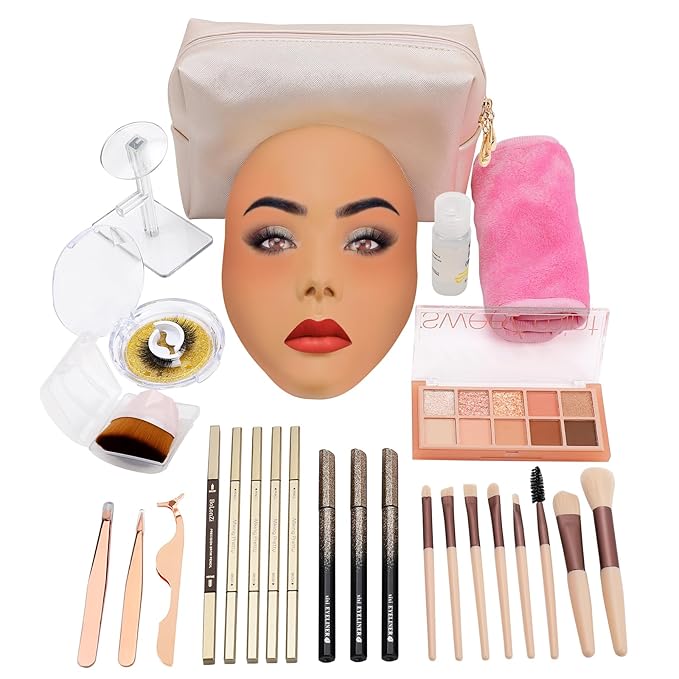3D Makeup Practice Face Board,Reusable Silicone Makeup Practice Face/Makeup Mannequin Face,with Makeup Brushes Set&Dual head Eyebrow Pencils&a Pair of Eyelashes&a Makeup Bag&makeup remover towel