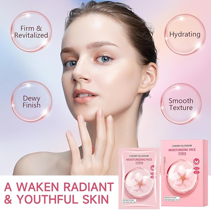 5 Pack Sheets Face Masks Skincare For All Skin Types, Cherry Facial Sheet Masks, Hydrating Facial Sheets Mask for Firming, Sheet Mask with Cherry Blossom Face Mask for Glowing Skin