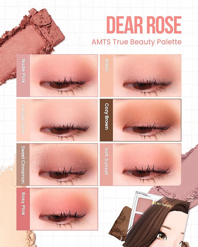AMTS True Beauty Dear Rose Eyeshadow Palette, Matte Shimmer Glitter Highly Pigmented, Long Lasting, Cheek blush, K Beauty, Korean makeup