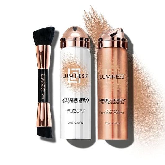 LUMINESS Airbrush Spray Silk Foundation Starter Kit - Warm Deep - Foundation, Primer & Dual-Sided Angled Buffing Brush - Medium, Buildable Coverage, Anti-Aging Formula Hydrates & Moisturizes