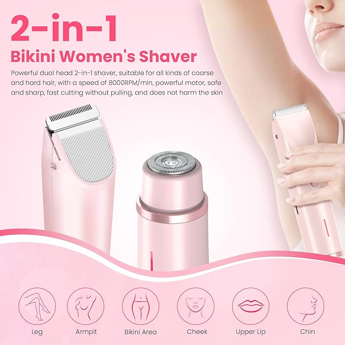 Bikini Trimmer for Women-2 in 1 Dual Head Electric Razors,USB Rechargeable Bikini Electric Shaver,IPX7 Waterproof Dry & Wet Use Body Hair Trimmer and Facial Hair Remover for Underarm Leg Body,Pink