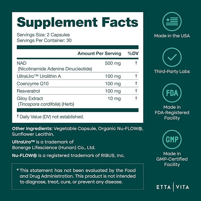 Liposomal NAD+ Supplement 500mg with Urolithin A, CoQ10, Resveratrol & Giloy (Made in USA) Mitochondrial, Cellular Energy, Cognitive, Anti-Aging & Detox Support - 3rd Party Tested Vegan, Non-GMO