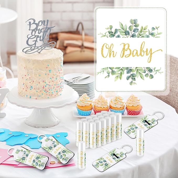 18 Sets Baby Shower Bridal Shower Favors for Guests Bulk Lip Balm and Lipstick Holder Keychains Set Baby Shower Bridal Shower Goodies Bags Thank You Gifts for Guests(Eucalyptus Baby)