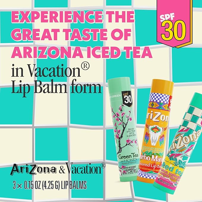 AriZona Iced Tea SPF 30 Lip Balms 3-Pack by Vacation Sunscreen, Hydrating Lip Sunscreen Chapstick, Water Resistant Vegan Sunscreen Lip Balm, 3 Iconic Flavors, Limited Edition SPF Chapstick (Pack of 3)