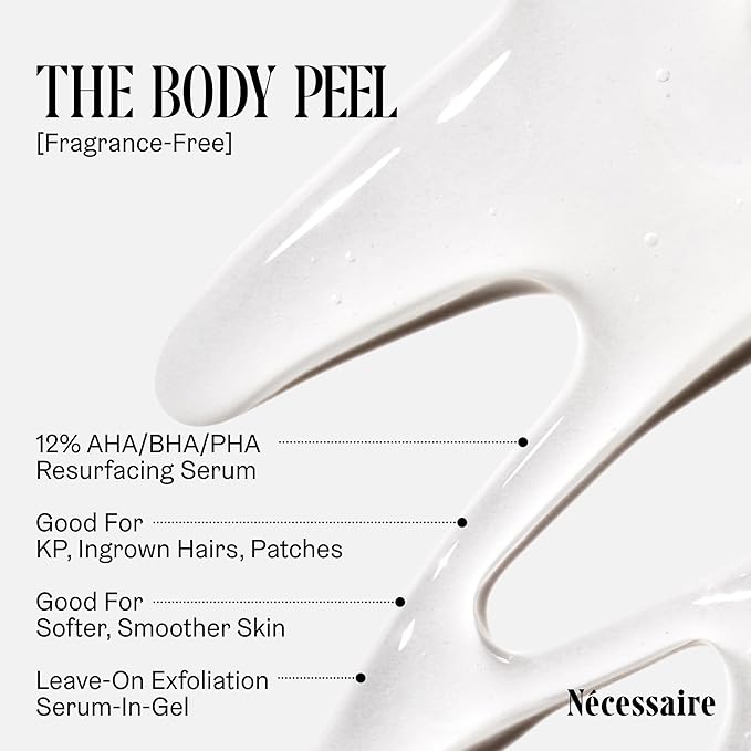 Nécessaire The Body Peel. Resurfacing Serum for KP, Ingrowns, Strawberry Skin and Discoloration. 10% AHA, 1% BHA, 1% PHA, Peeling Peptide. Dermatologist-Tested. Hypoallergenic. Non-Comedogenic. 150ml