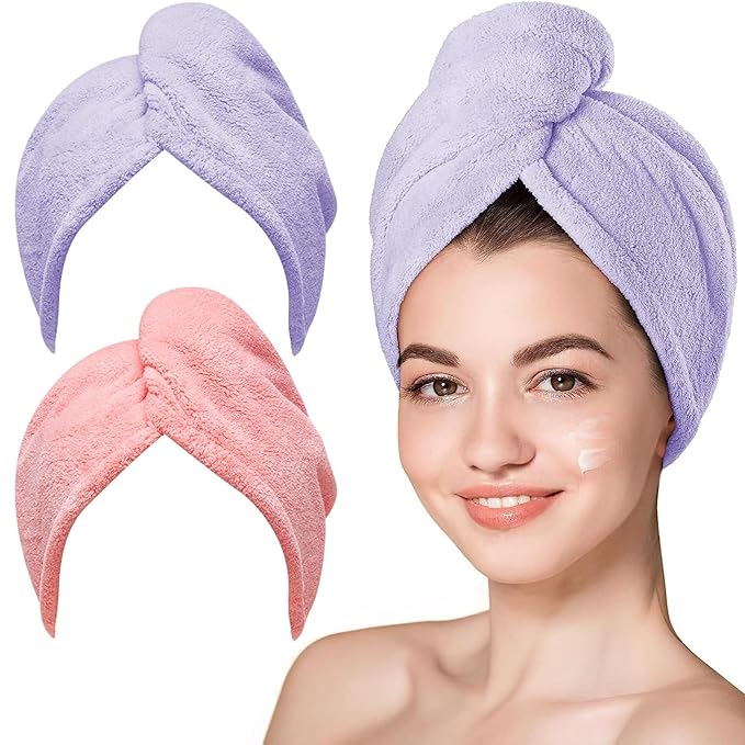Hicober Microfiber Hair Towel, 2Packs Hair Turbans Wrap for Women Wet Hair, Hair Drying Towels for Curly Hair Anti Frizz(Purple,Pink)