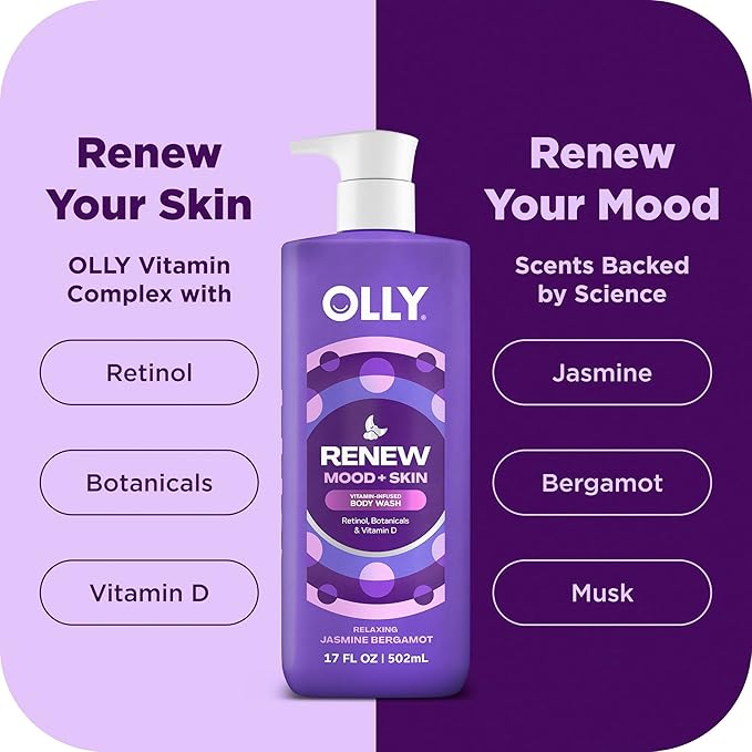 OLLY Renew Body Wash with Vitamin D, Retinol & Botanicals – Nourishing Cleanser for Skin Barrier Repair, Deep Hydration, Jasmine Bergamot Scent, 17oz