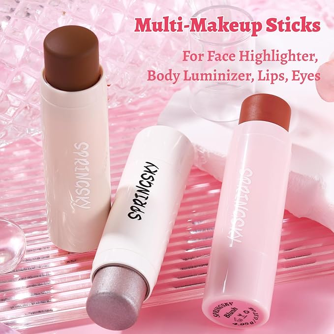 3Pcs Multi-Use Face Makeup Sticks Sets, Blendable Cream Blush Stick For Cheeks Lips, Highlighter Contour Shading Sticks Moisturizer Make Up Sets For Women (02)