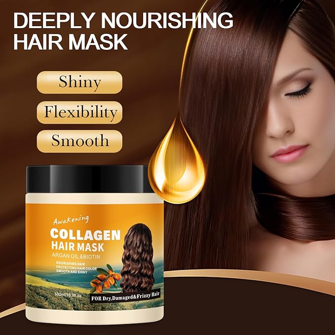 Hair Mask Deep Treatment Conditioner Collagen Protein Argan Oil Biotin Repair For Dry Damaged Frizzy Curly All Hair Types(16.9 Fl Oz/500ml) (collagen)