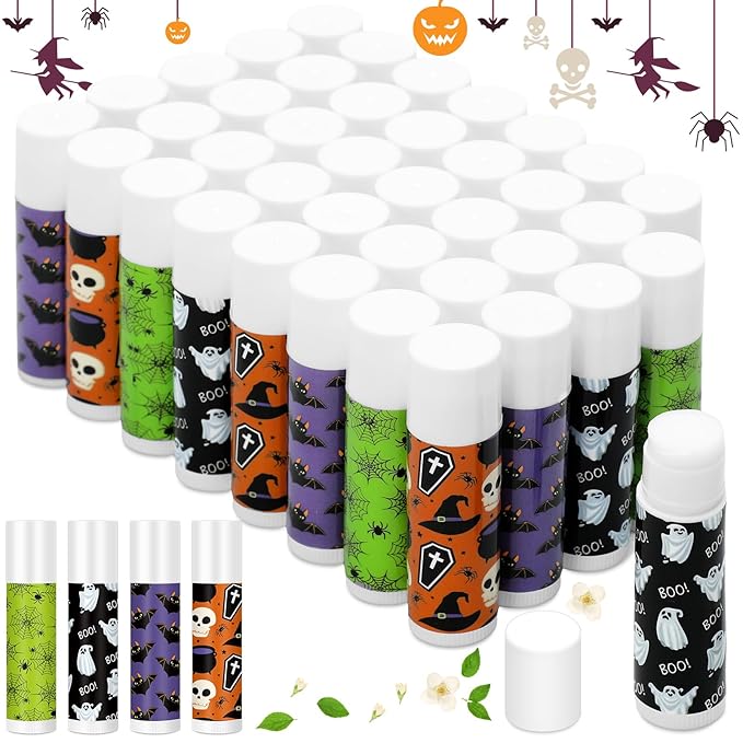 40 Pcs Halloween Lip Balm Ghost Spiderweb Skull Bat Lip Moisturizers for Halloween, 4 Styles