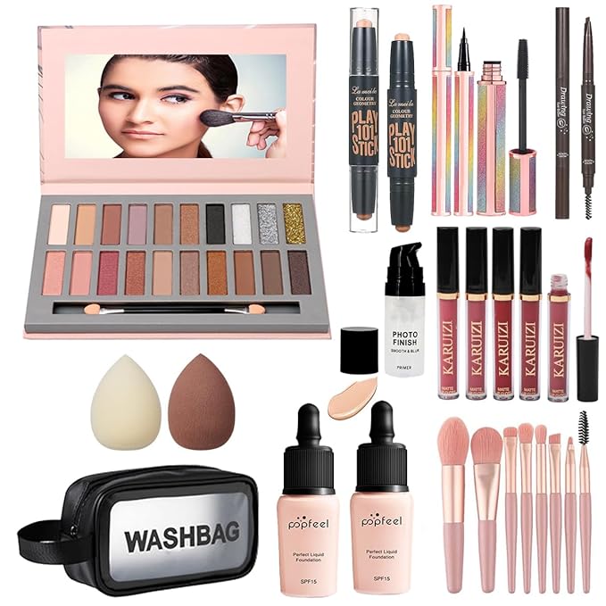 All in One Makeup Kit, Includes 20 Colors Eyeshadow Palette, RUIGPRO Foundation & Face Primer, Makeup Brush, Makeup Sponge, Eyebrow Soap, Winged Eyeliner Stamp, Gift Set for Women, Girls & Teens