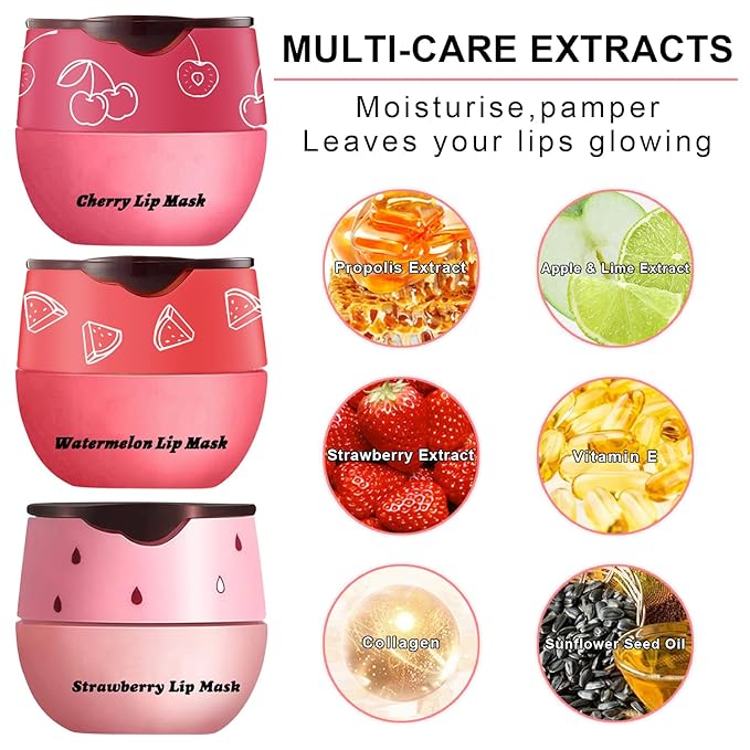 3Pcs Lip Balm Honey Pot with Stick, Honey Strawberry Apple Moisturizing and Hydrating Sleeping Lip Mask, Day and Night Repair and Care, Improve Lip Color, Reduce Lip Lines (SET C)