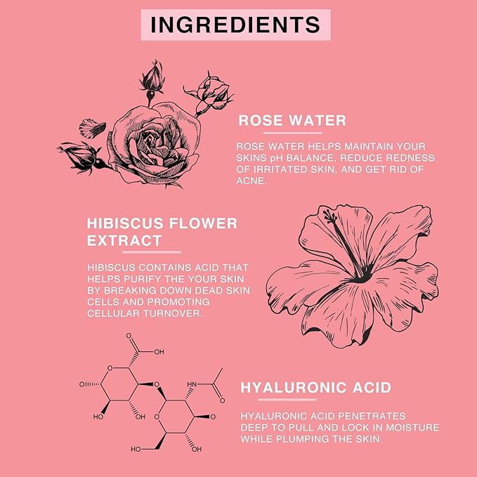 Rose Water Spray for Face & Body Refreshment with Moisturizing Hyaluronic Acid and Hibiscus water | Instant Hydration, Cooling, Calming & Conditioning (8 FL OZ)