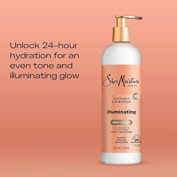 SheaMoisture Illuminating Body Lotion with Coconut Oil, Hibiscus, Niacinamide and Pro-Ceramides, Instantly Enhancing Skin's Natural Glow, 24H Moisturizing 16 oz